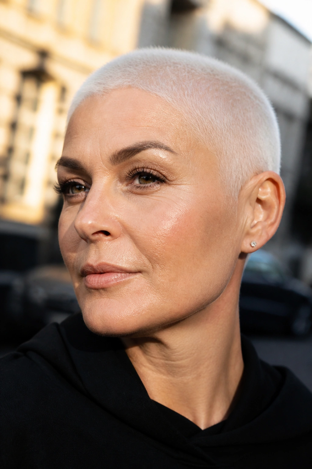 Close-up portrait of a real person with a white buzz cut