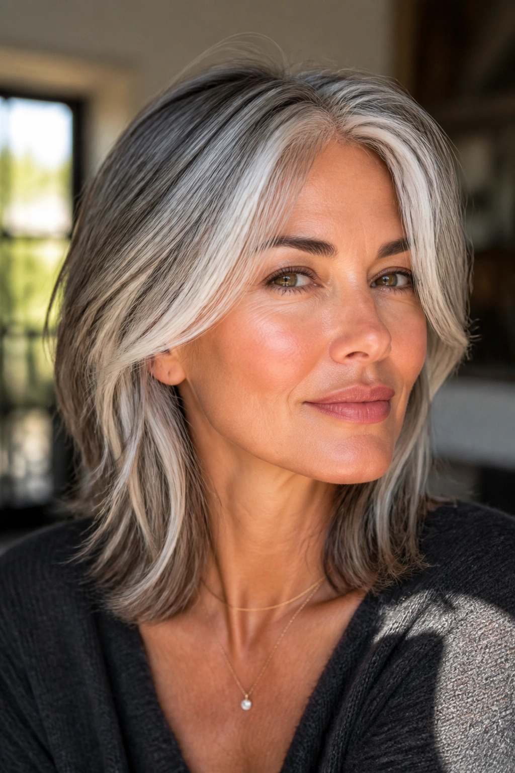 Portrait showing white contour highlights around temples and cheekbones in hair framing the face.