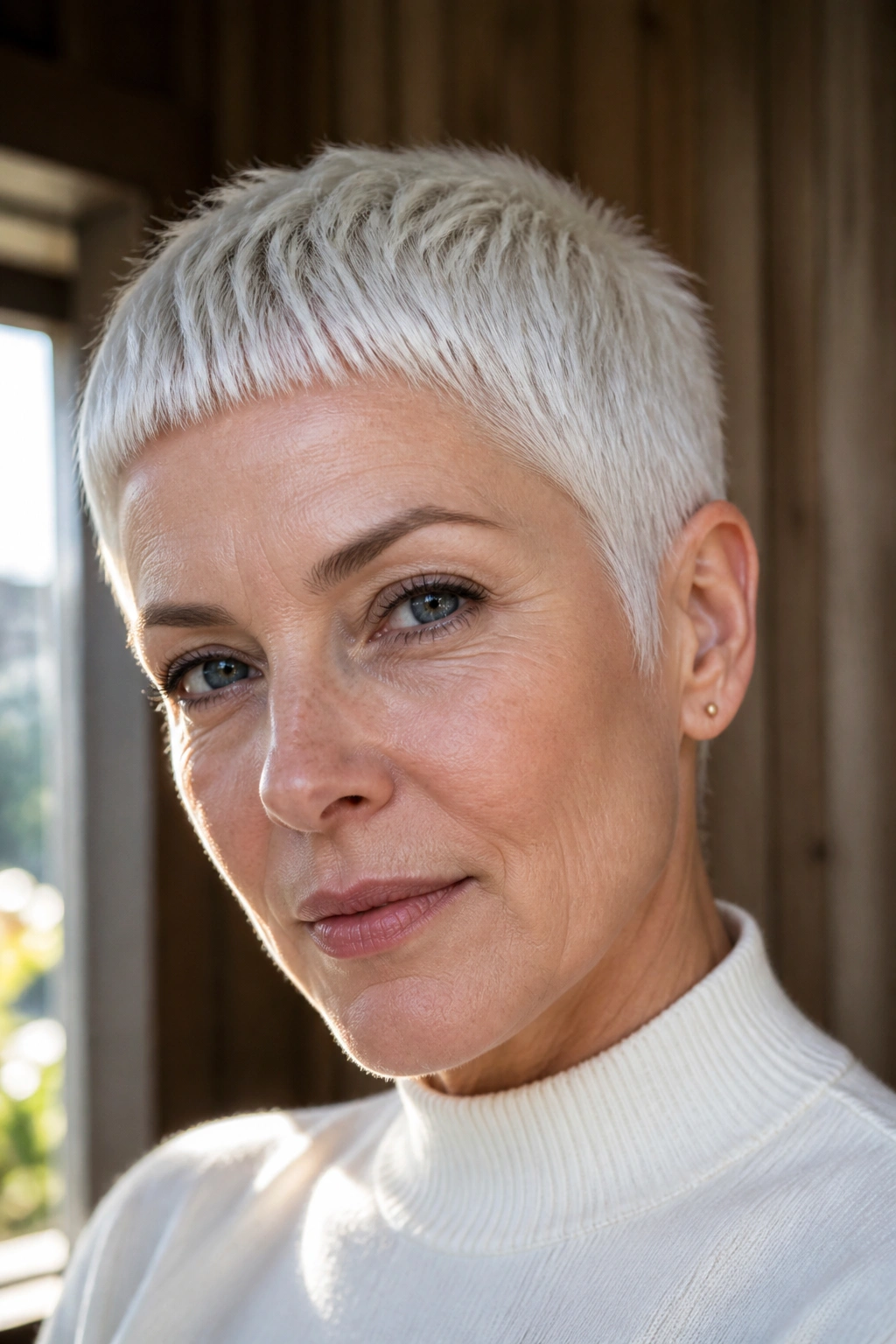 Close-up portrait of a real woman with a short white crop and micro fringe
