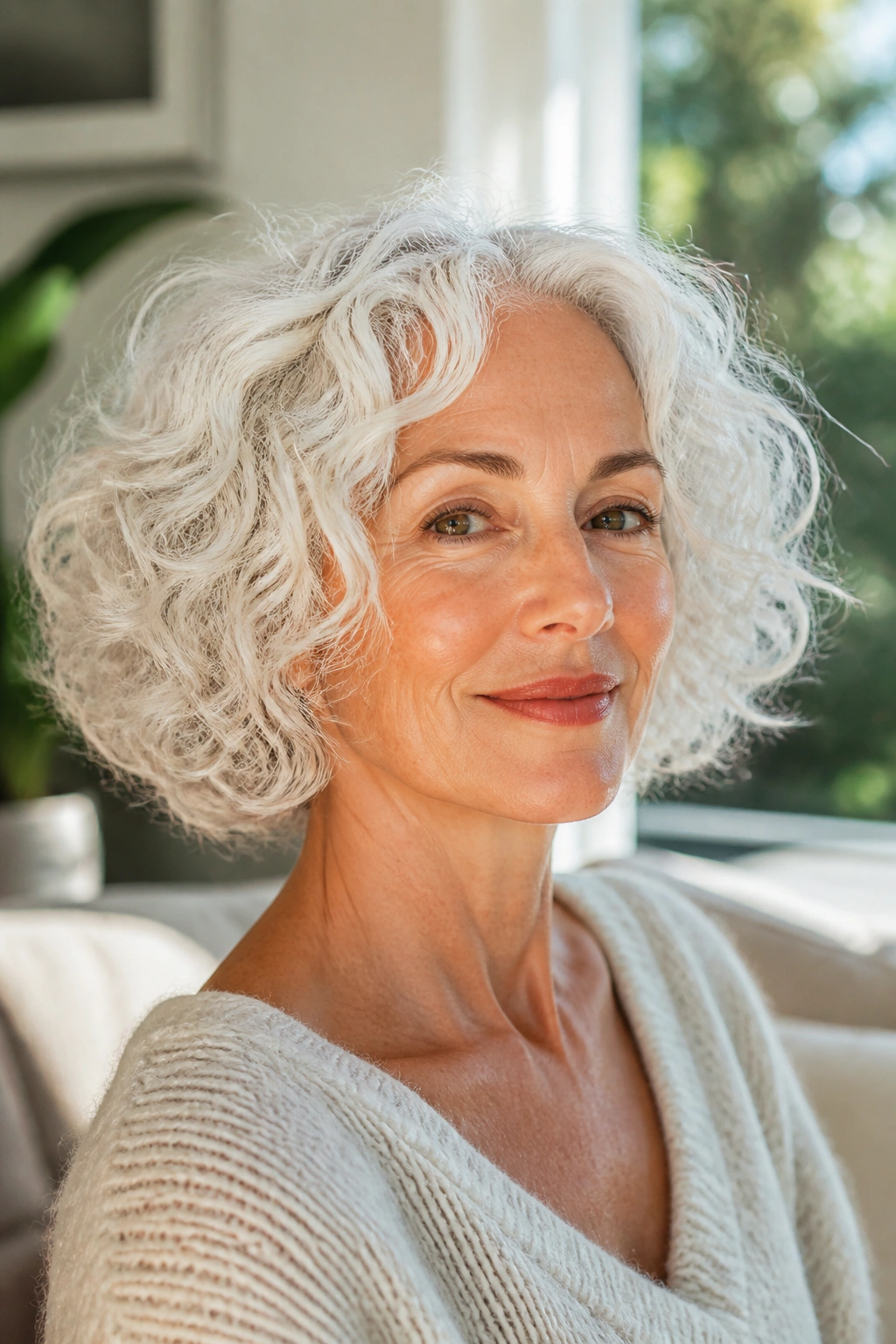 Close-up portrait of a real person with white curly bob in natural light