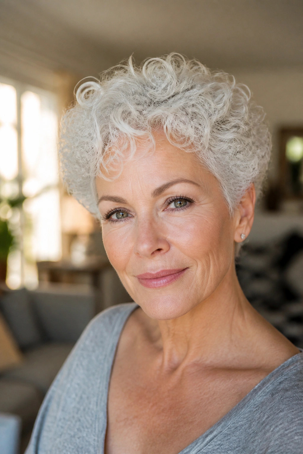 Close-up portrait of a real woman with white curly crop hairstyle in a sunlit living room