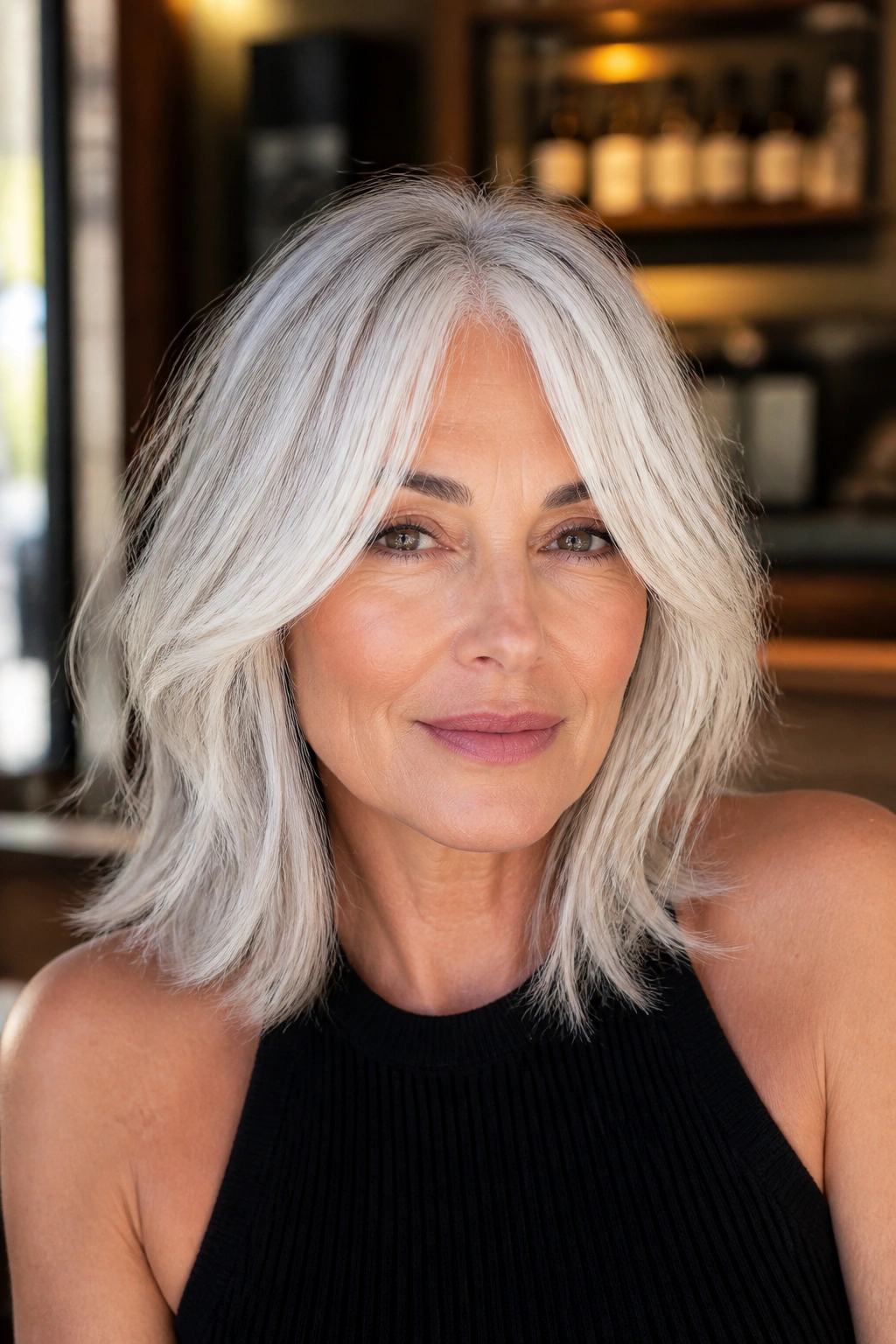 Real woman wearing white curtain bangs on mid-length hair.