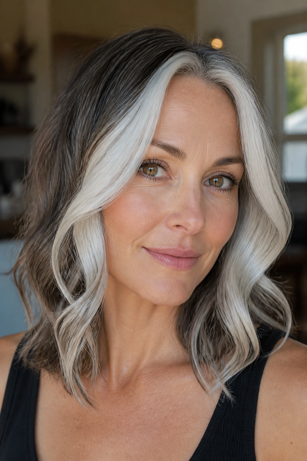 Close-up of a real woman with white face-framing layers around the front.