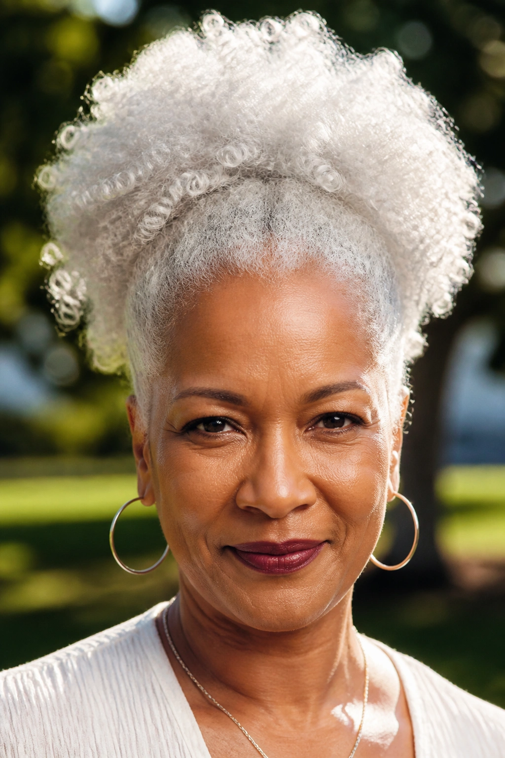 Real person with a white high-puff afro, defined curls.