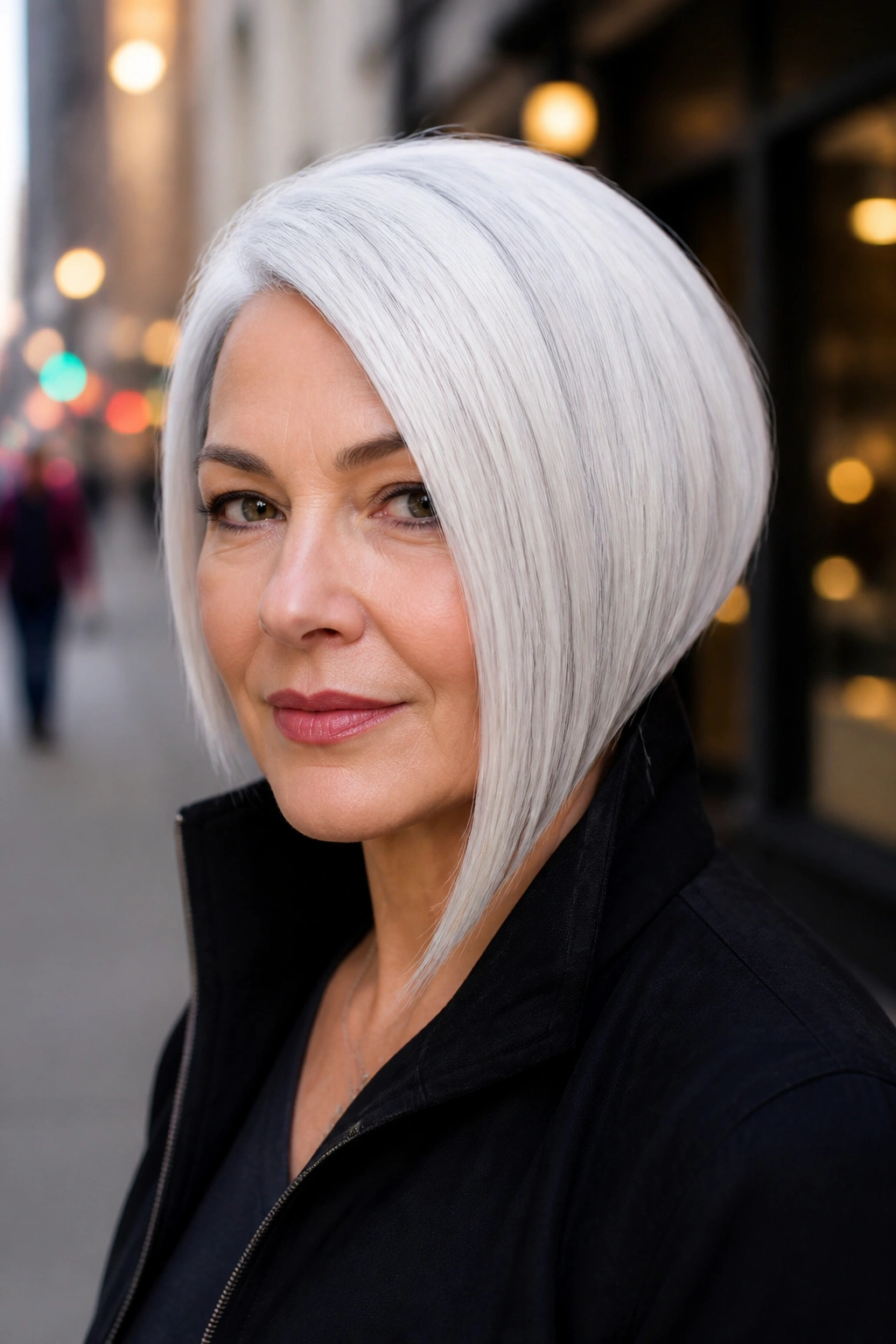 Real person with a white asymmetrical bob showing a sharp angle.