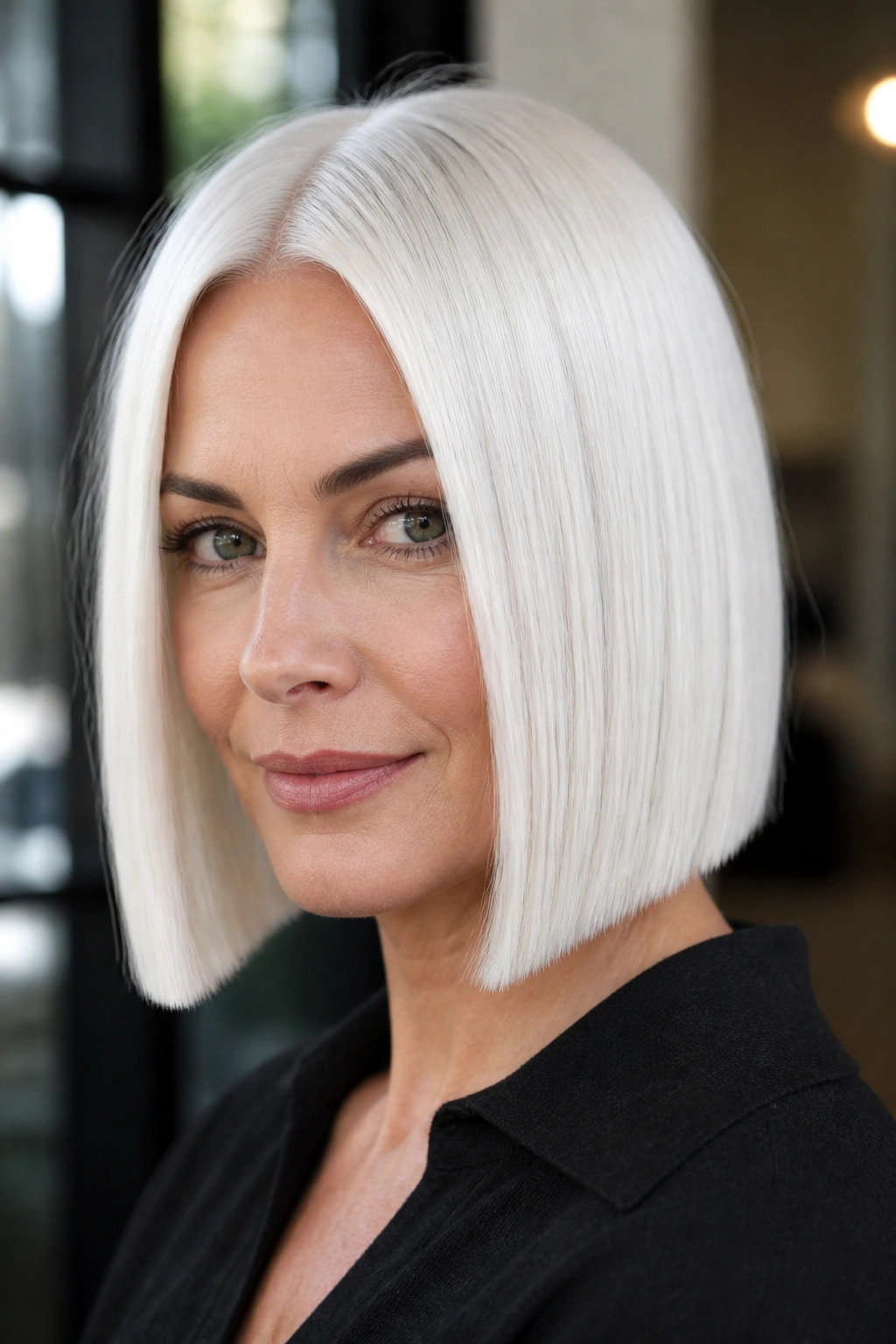 Close-up portrait of Sleek Pure White Blunt Bob on a real woman with a crisp blunt edge in natural window light.