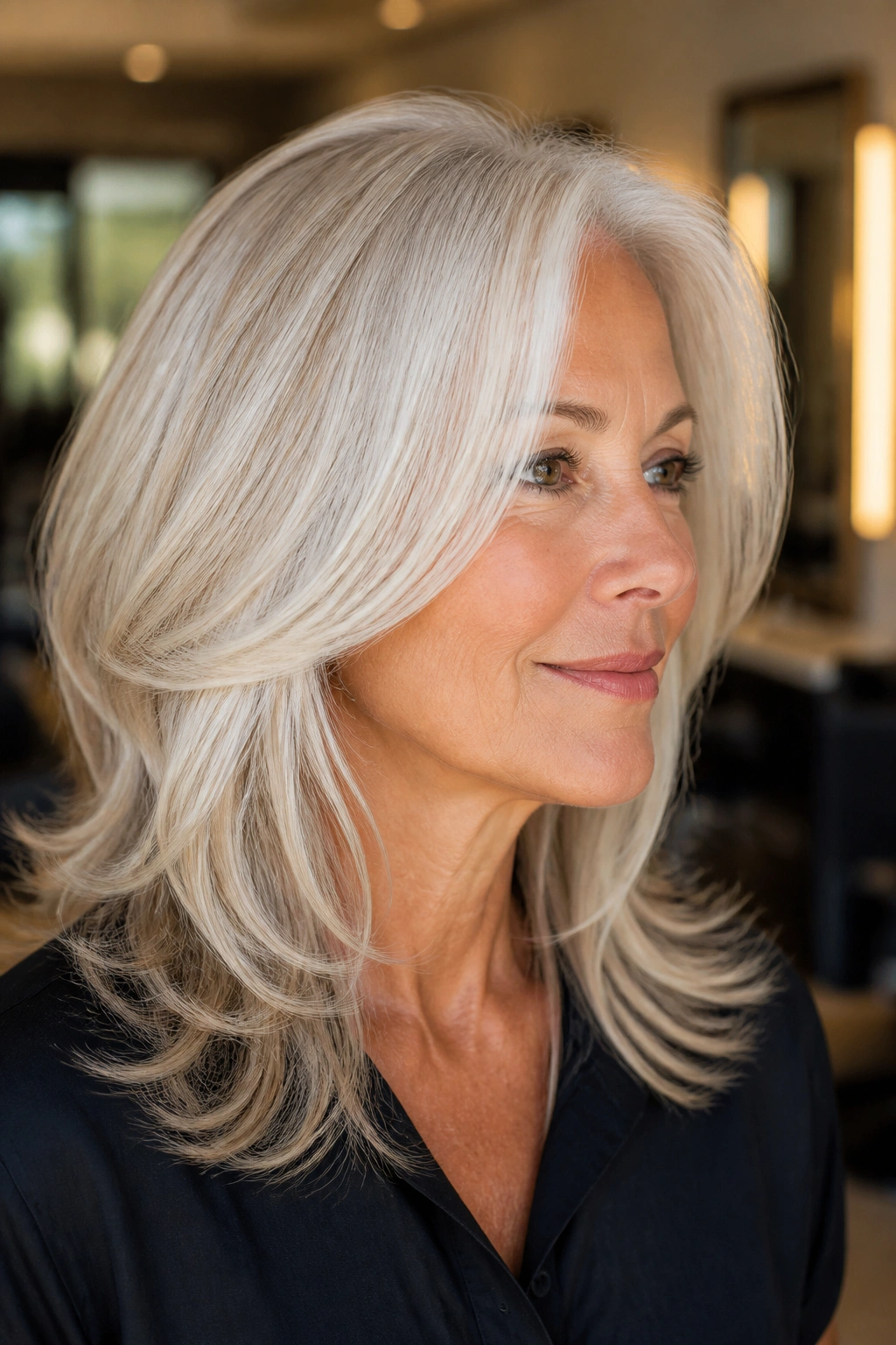 Portrait of a woman with white hair and champagne lowlights.