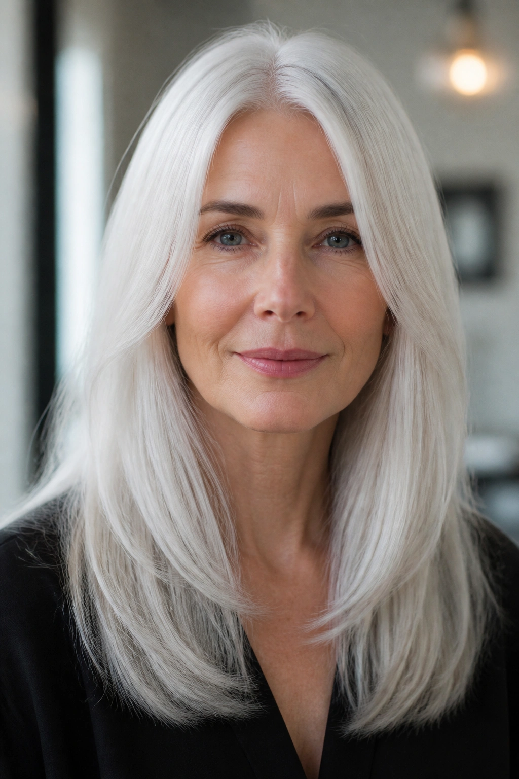 Medium close-up of a real woman with long white layered hair past the shoulders in glossy condition.