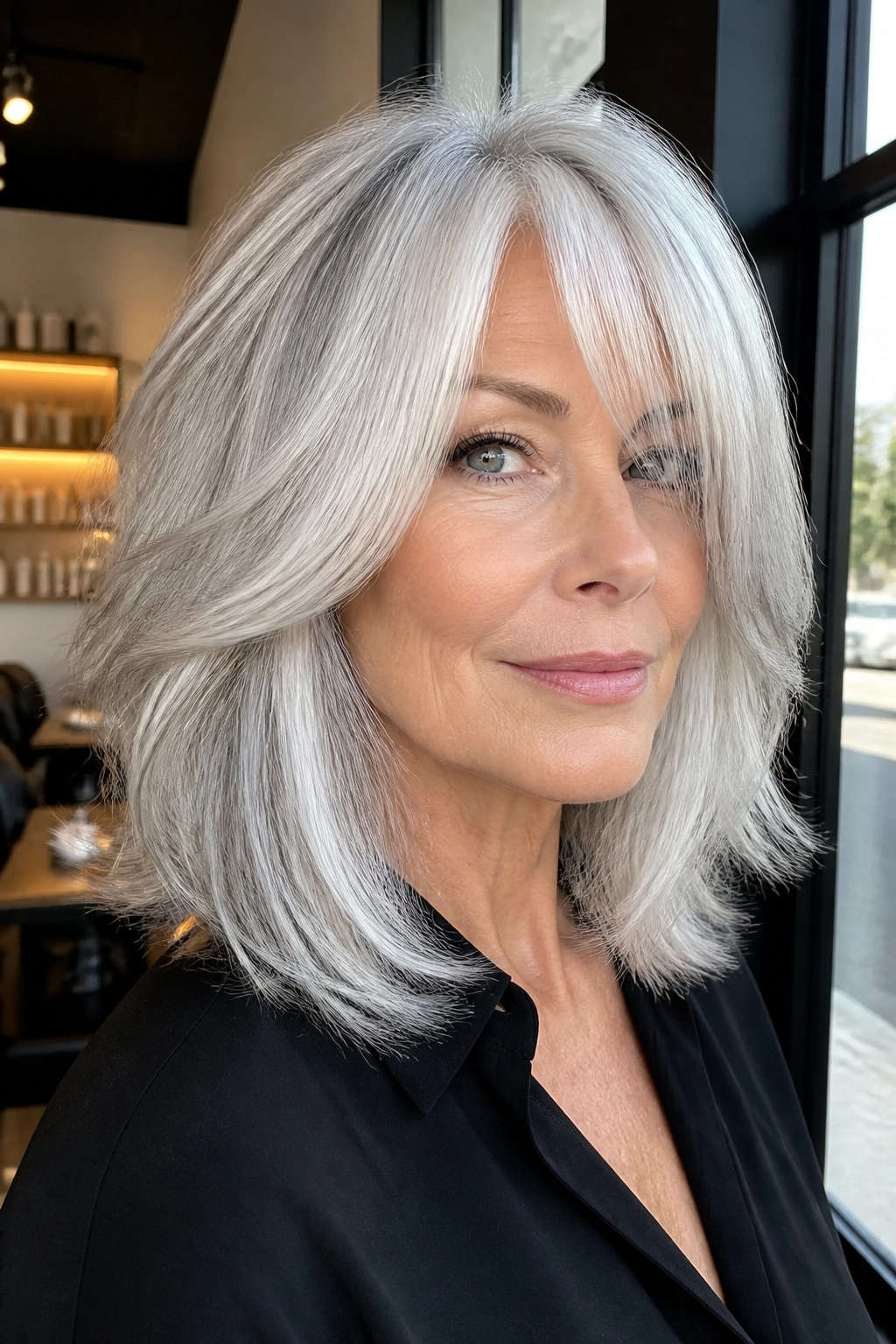 Close-up of a real woman with white and silver dimensional hair showing depth and shine.