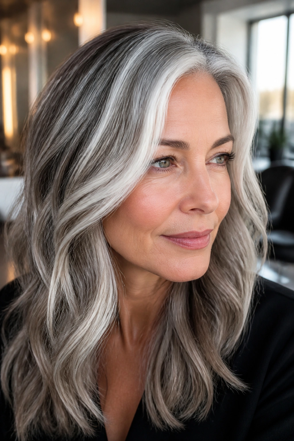 Close-up portrait of a real woman with white highlights and smoky lowlights in pale grey hair, framing the face