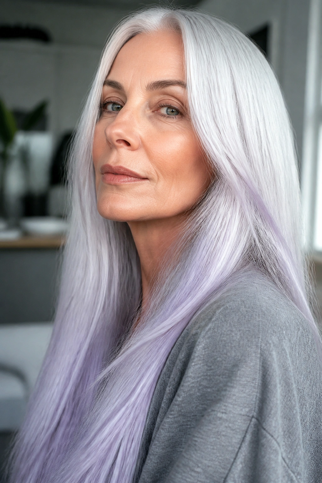 Close-up of long white hair with a soft lavender sheen along the lengths