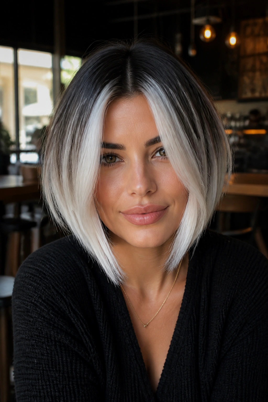 Portrait of a real woman with white money-piece front and dark roots in a bob
