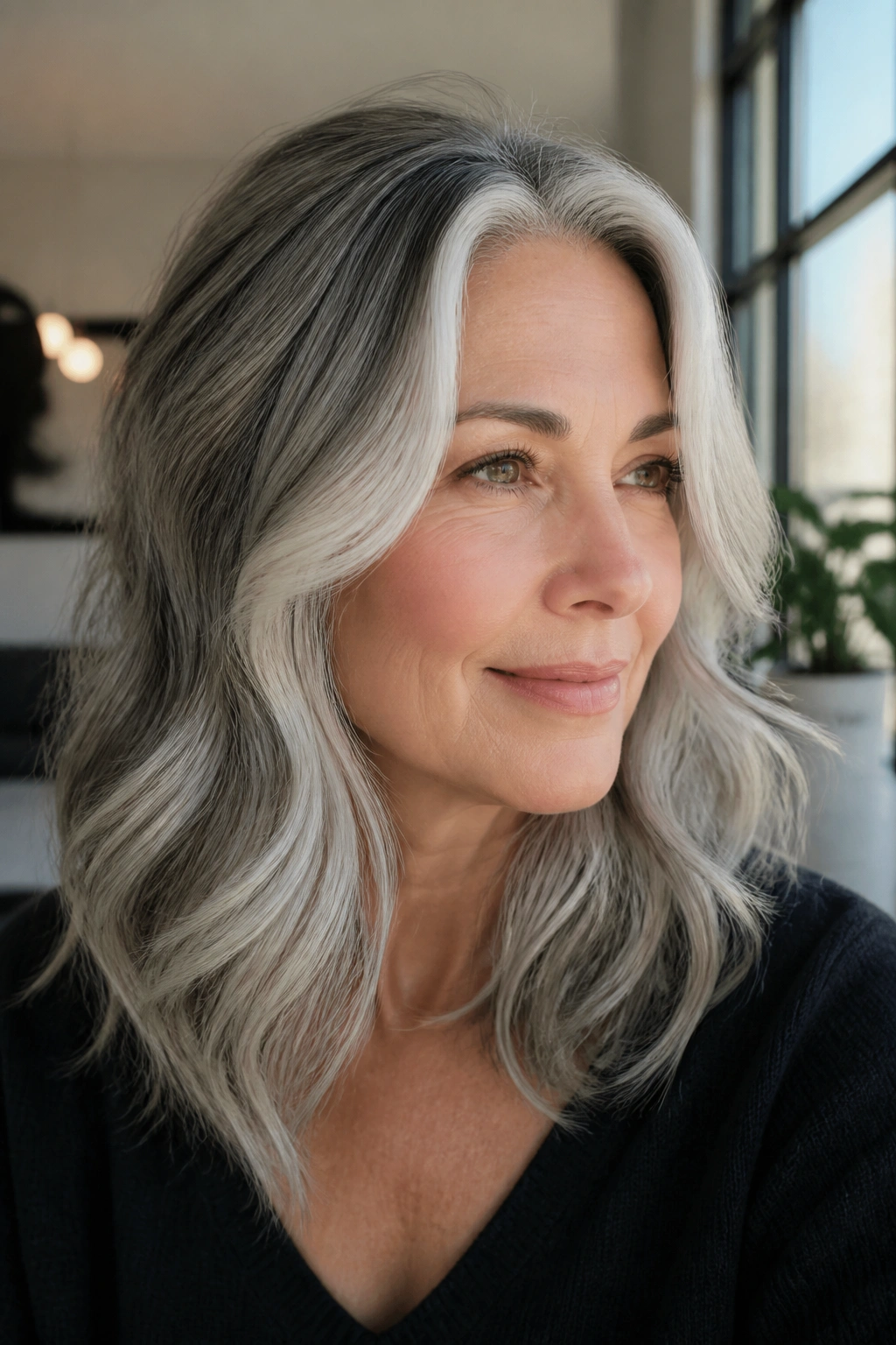 Close-up of a real woman with white money piece and subtle root shadow