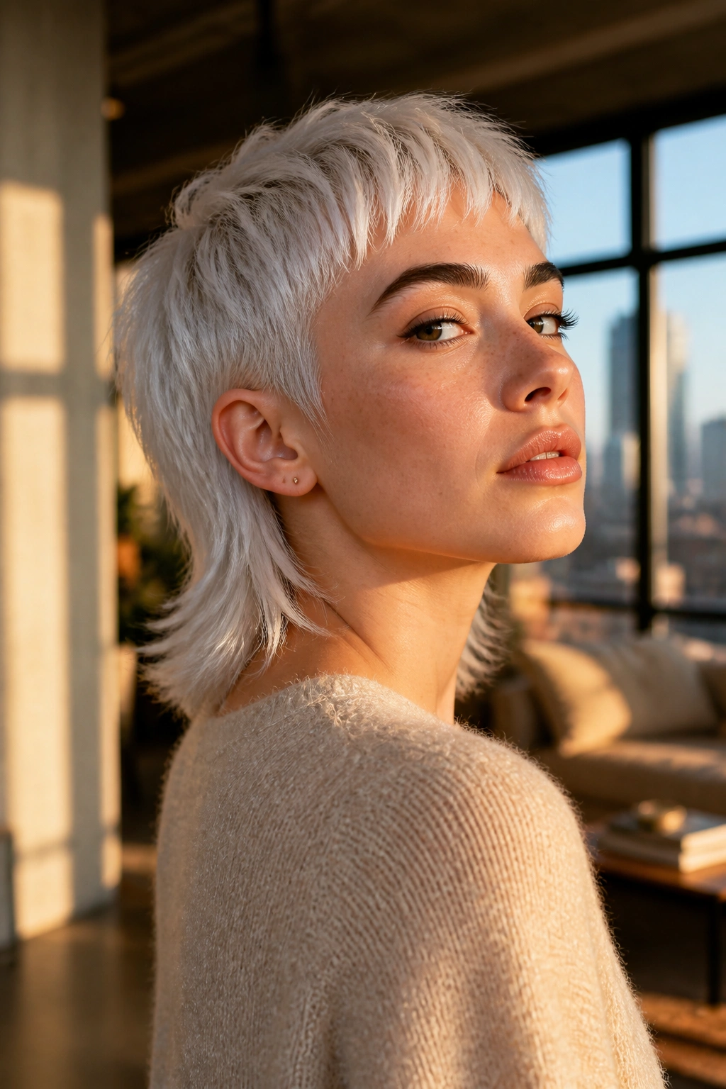 Portrait of a real person with a white mullet lite in an urban loft