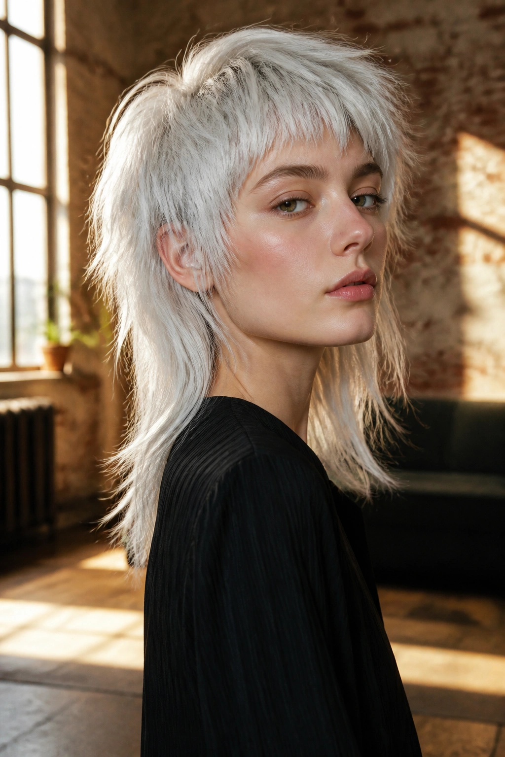 Real person with white mullet showing short front and long back in warm loft light