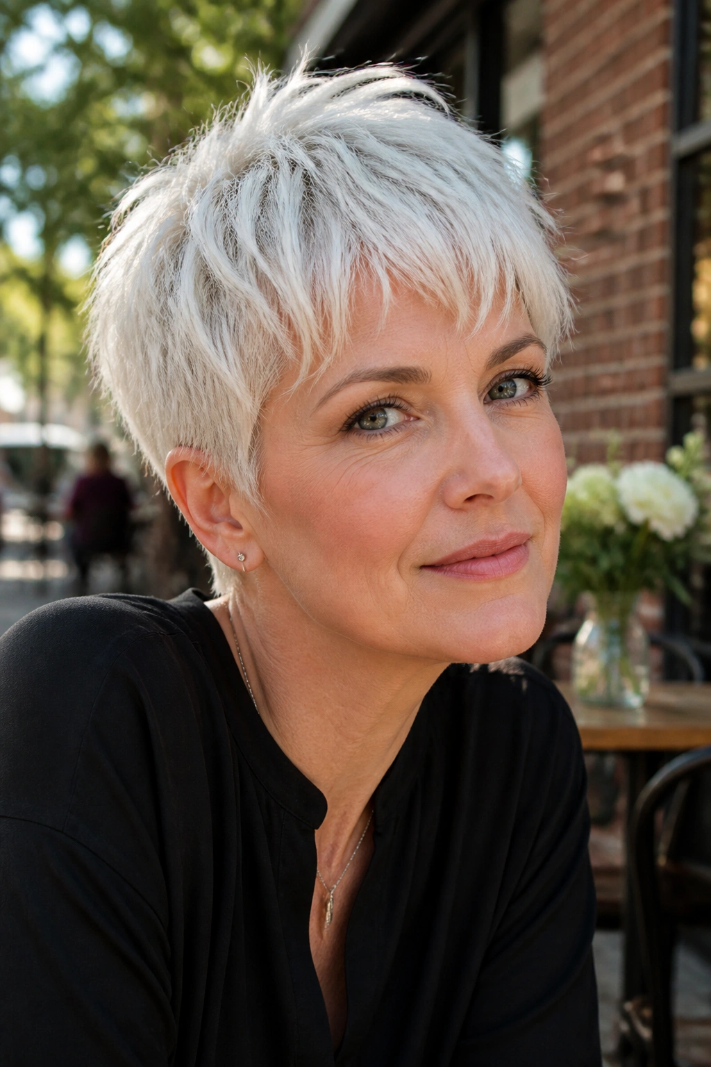 Close-up portrait of a real person with a white piecey crop outdoors