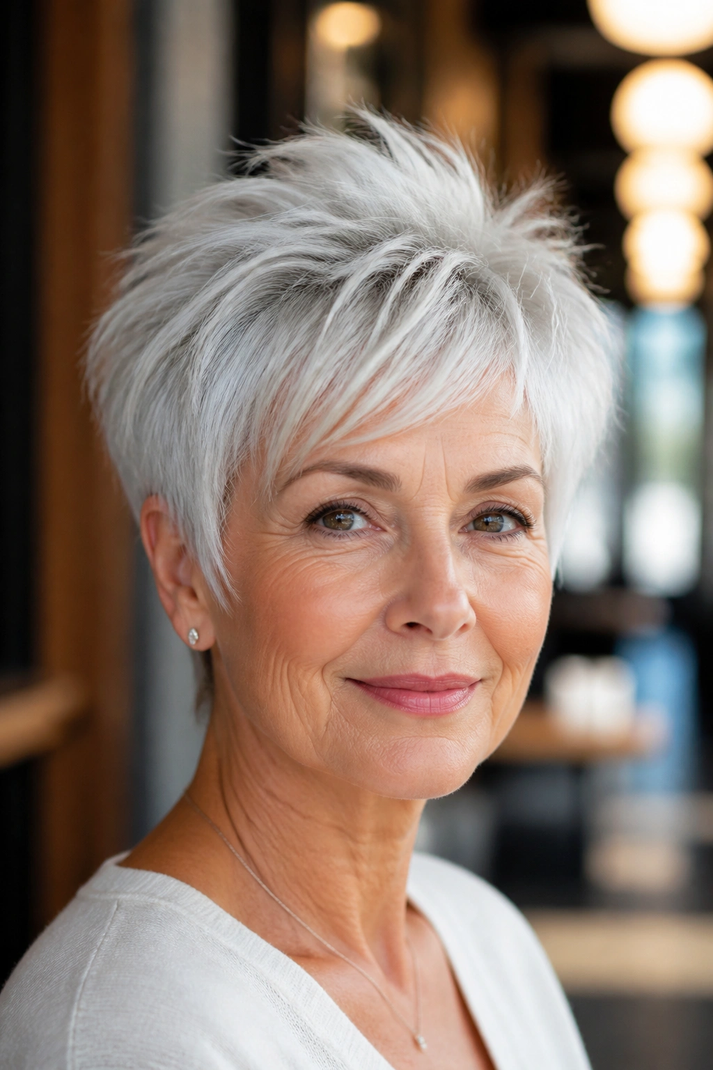 Portrait of a woman with a white pixie with long crown layers in soft natural light