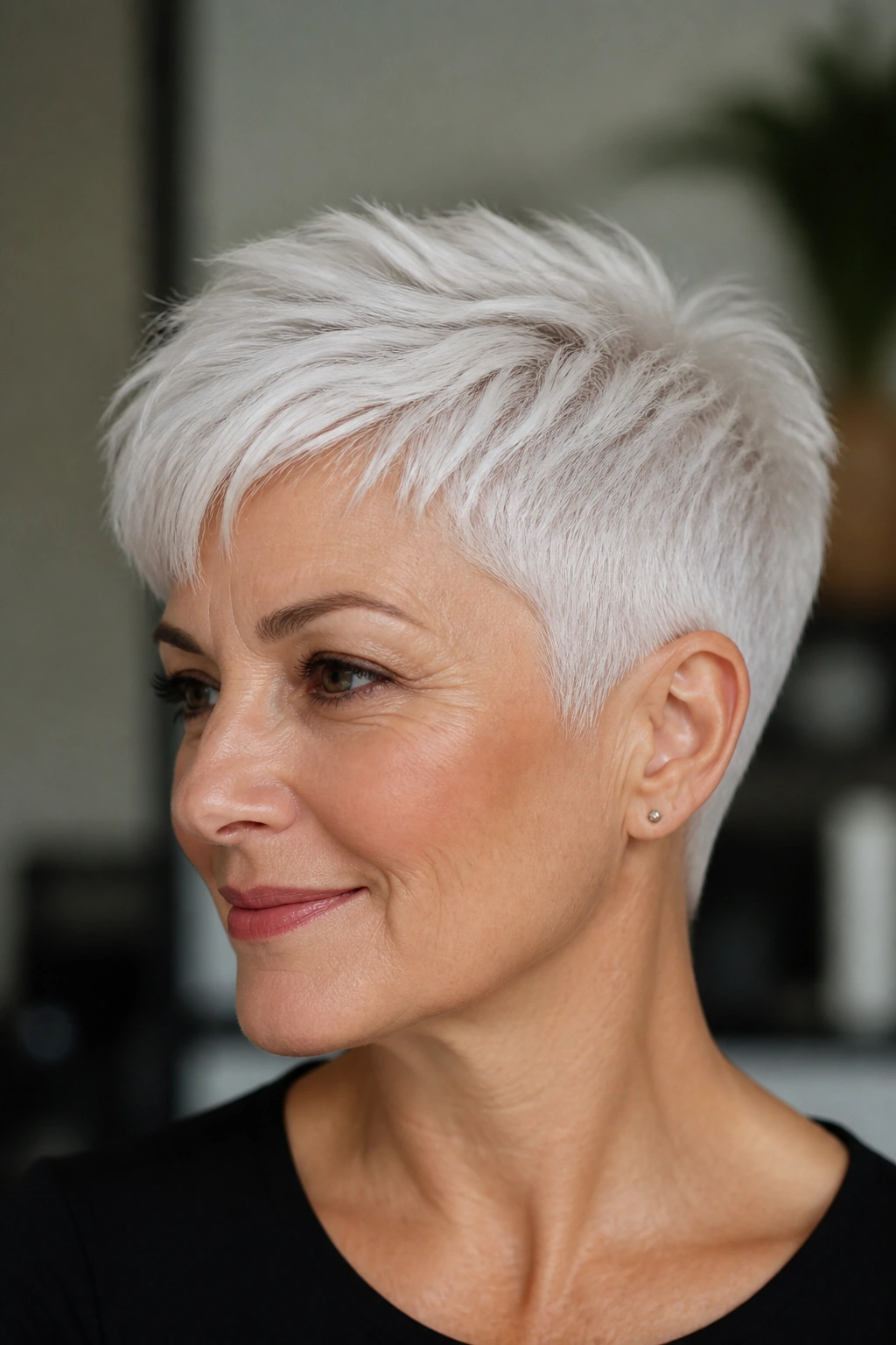 Close-up portrait of a real person with a tapered white pixie cut, showcasing the lengthier crown and tapered sides.