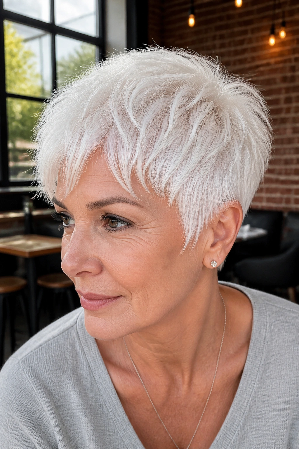 Close-up portrait of a real person with a white razor crop in cafe lighting
