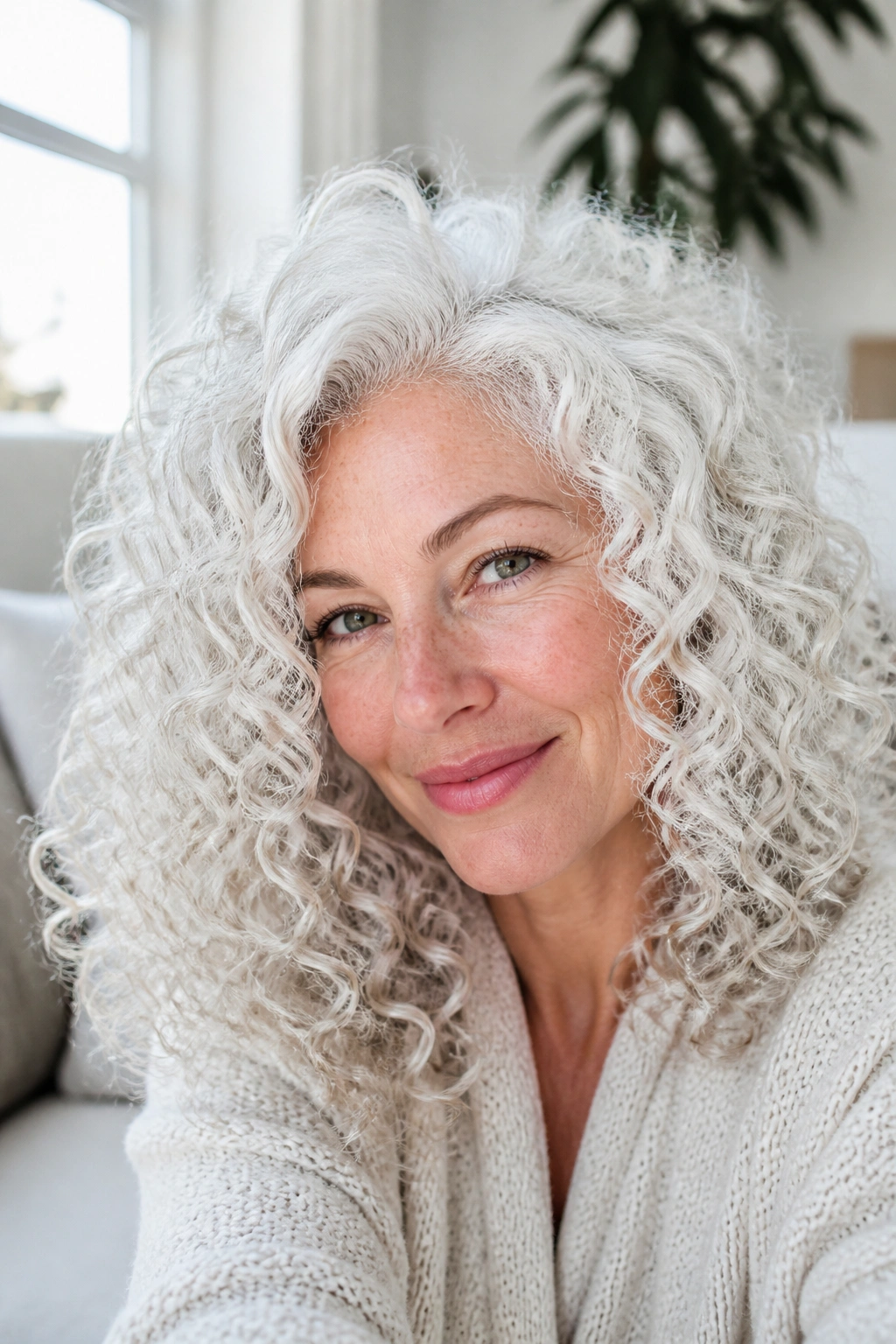 Real woman with defined white ringlet curls in a bright living room