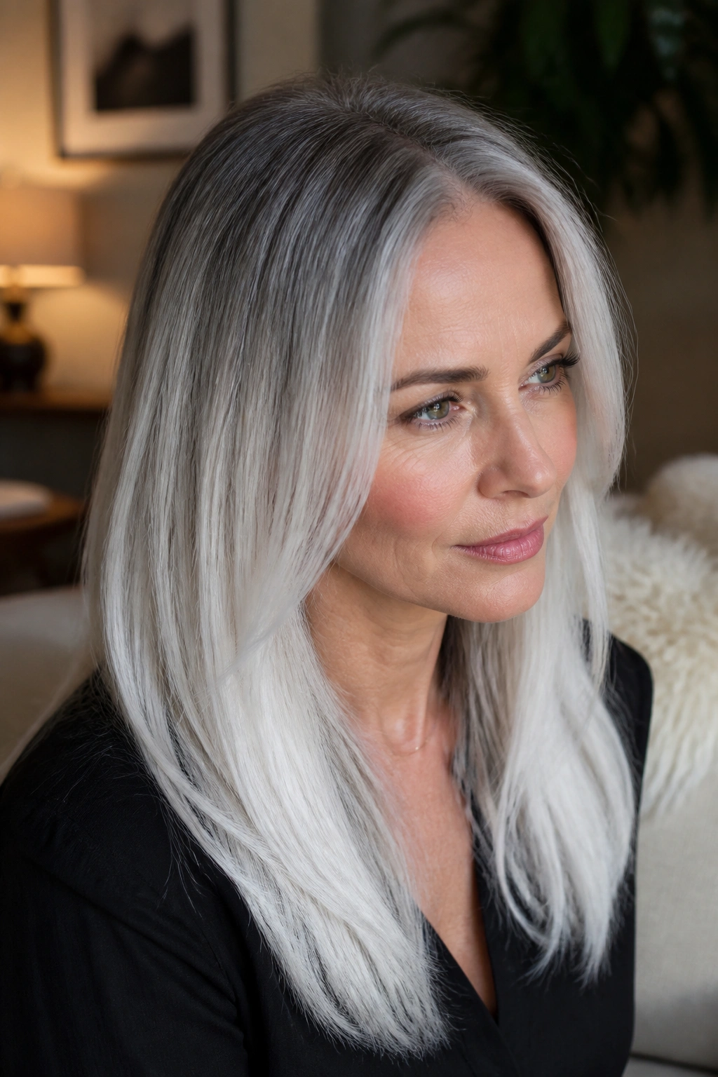 Close-up of a real person showing white roots melting into lighter ends