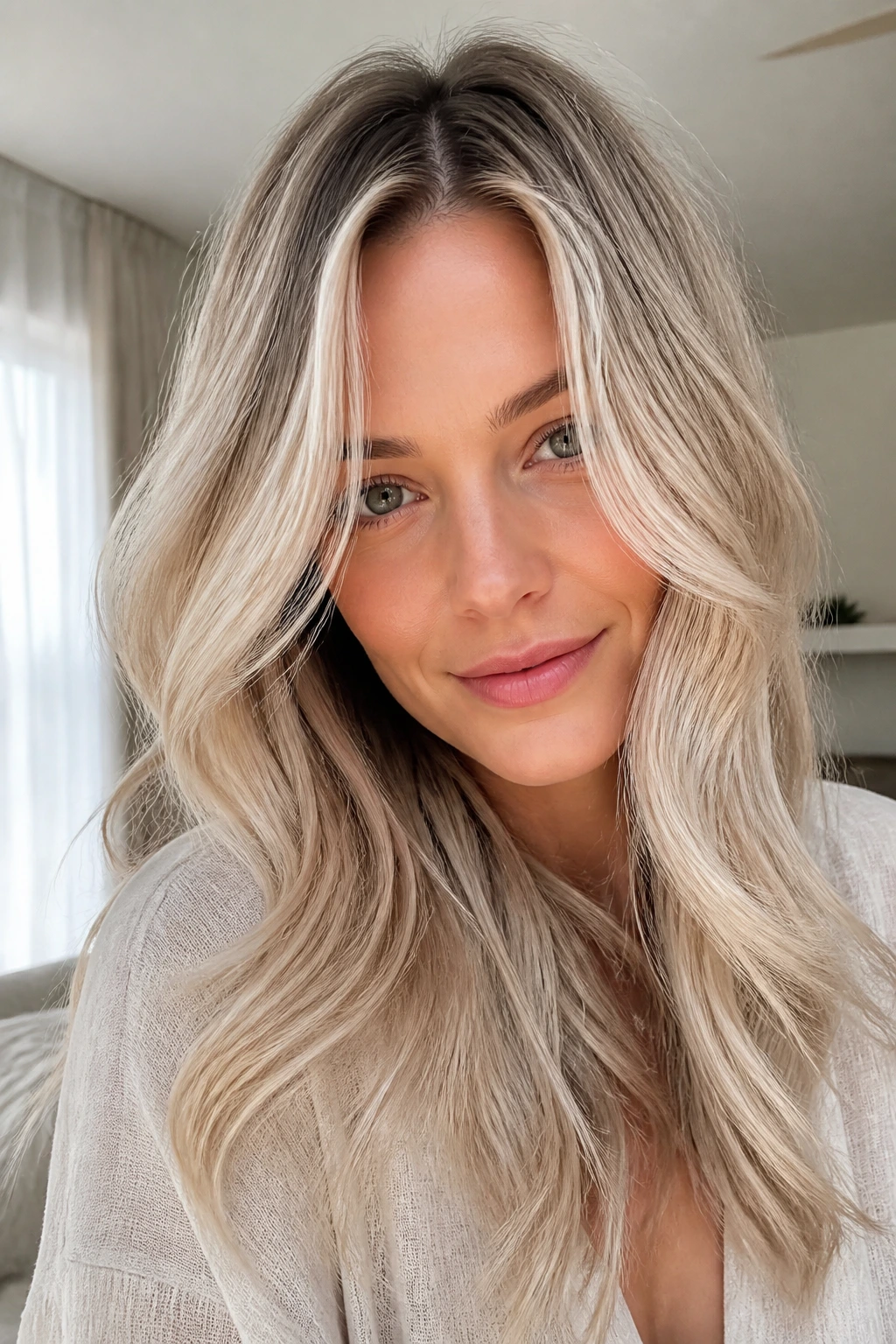 Close-up portrait of a woman with white sand blonde hair under daylight.