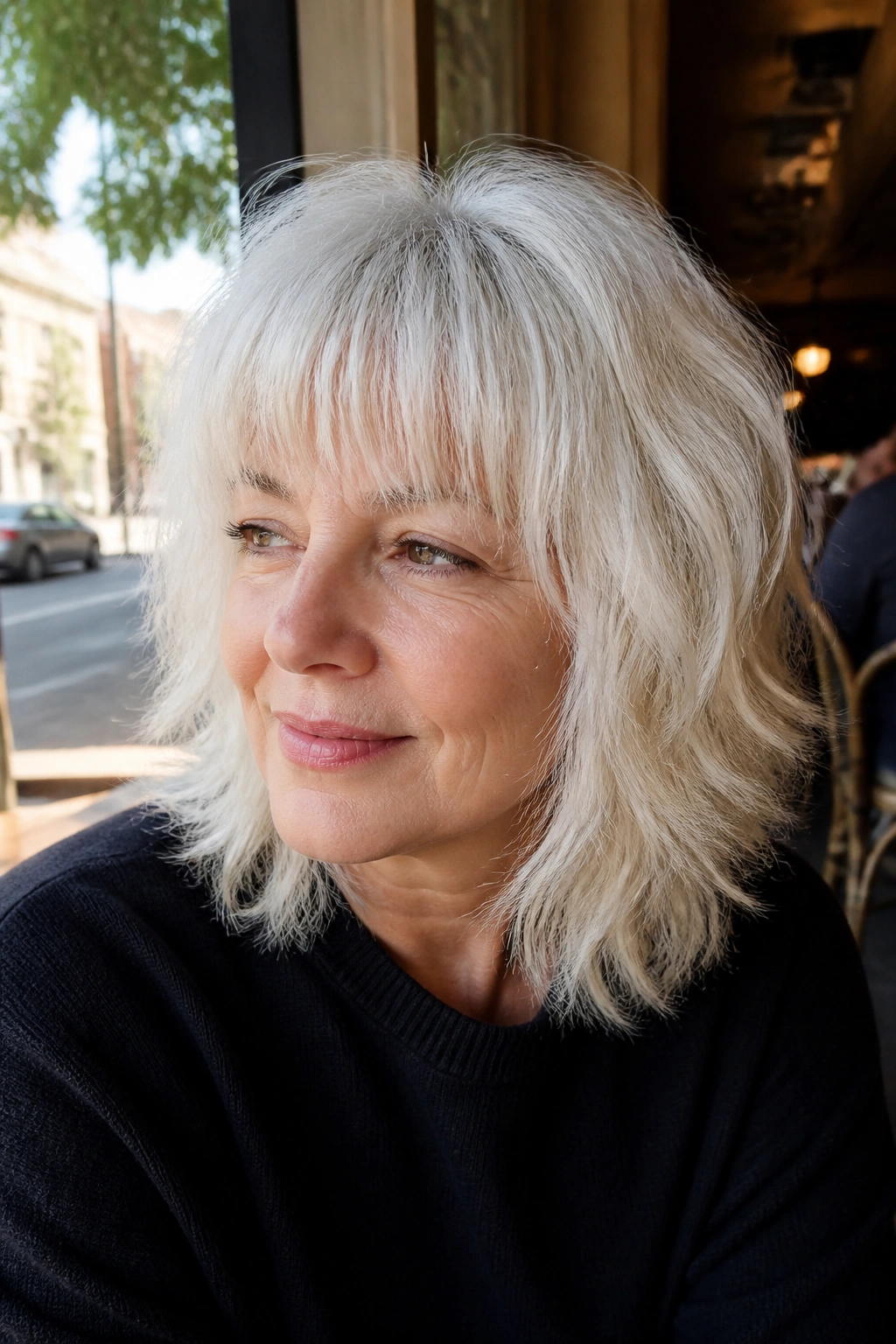 Close-up portrait of a real person with white shag and fringe in cafe light