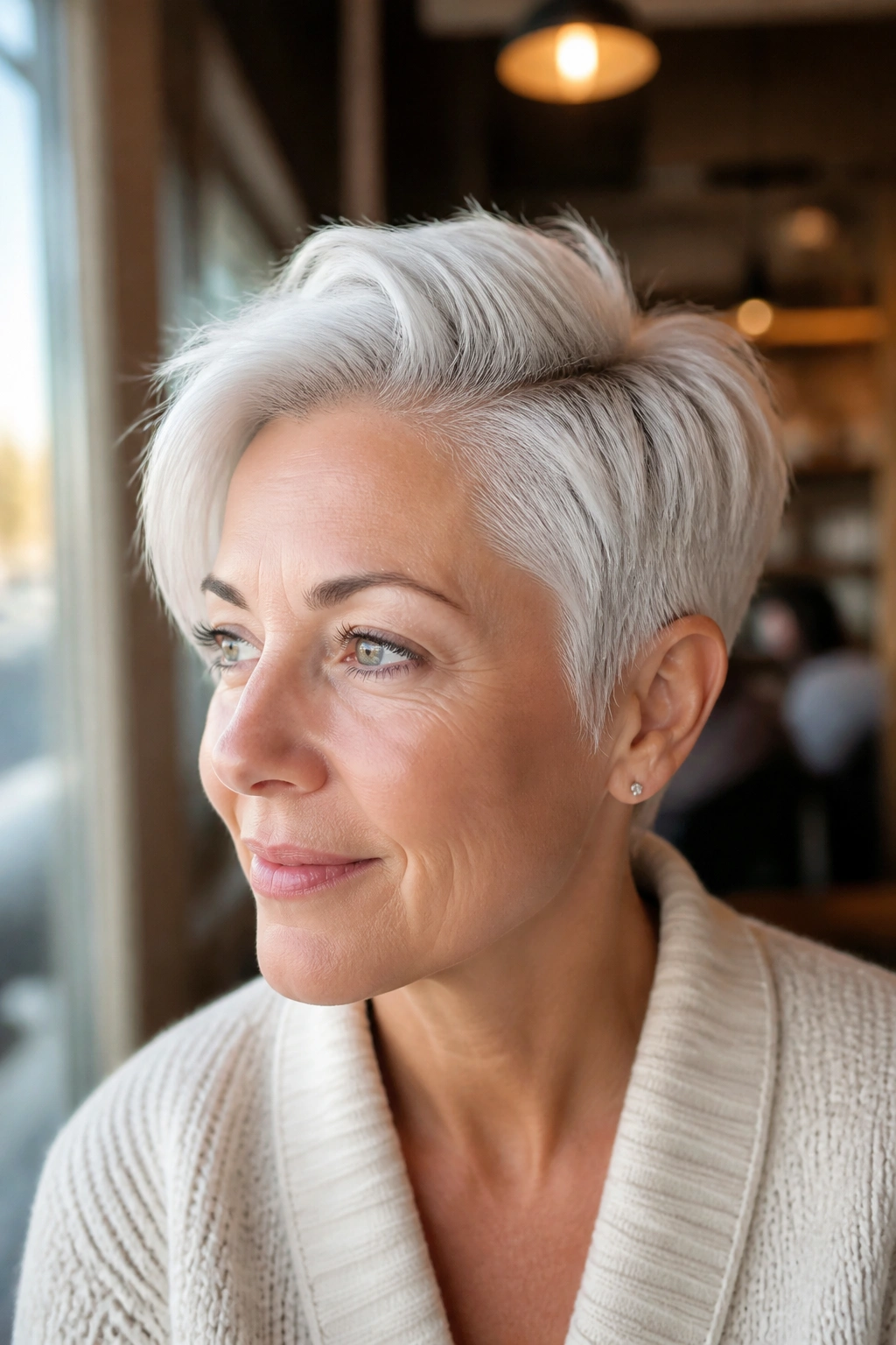 Close-up portrait of a real person with a white side-part pixie in cafe light