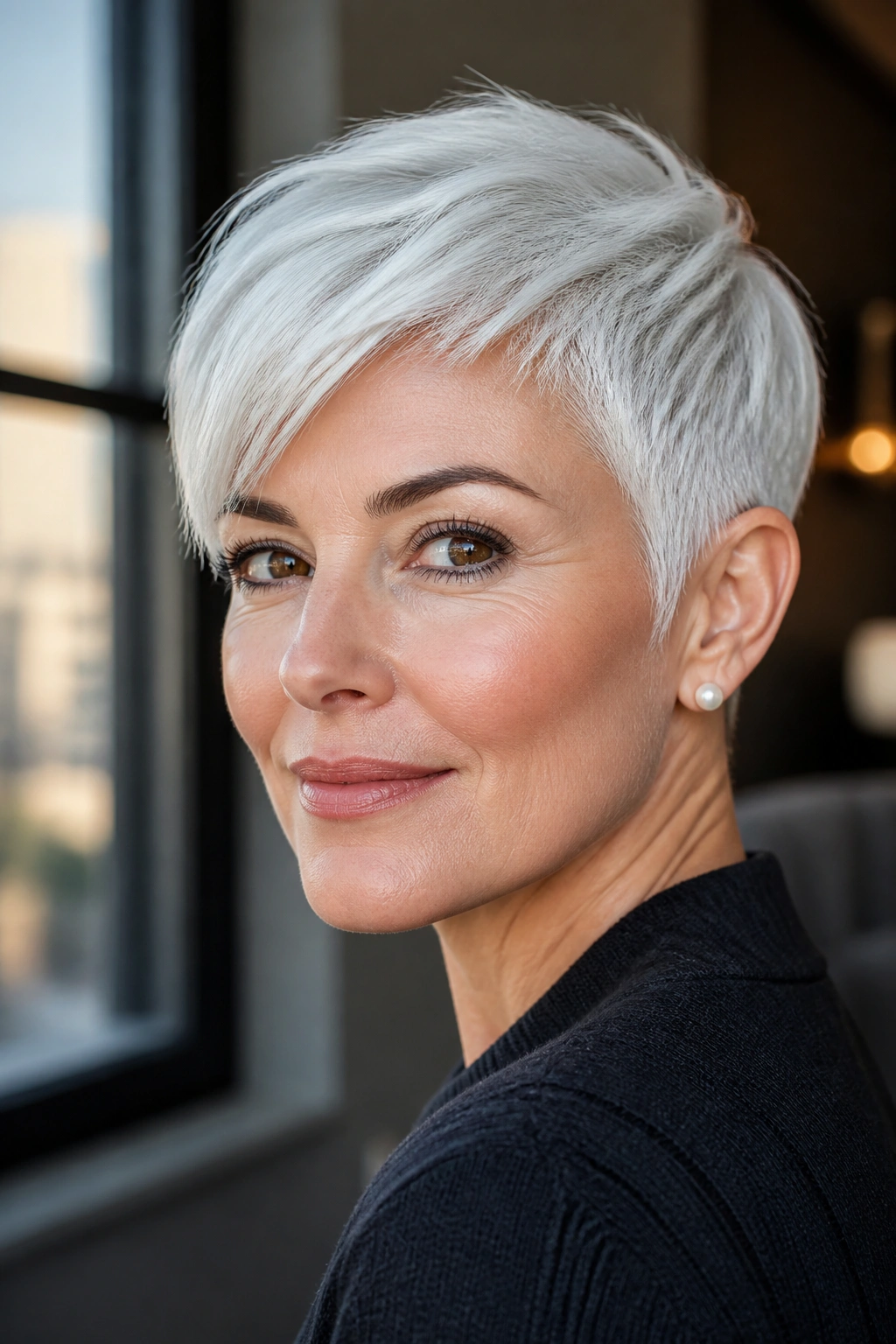 Close-up of a real woman with a bright white-silver cropped hairstyle and crisp edges.