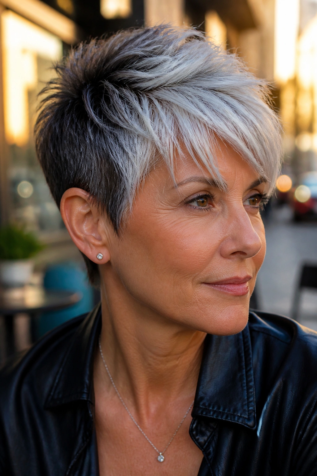 Close-up portrait of a real person with white-silver panels in a pixie cut