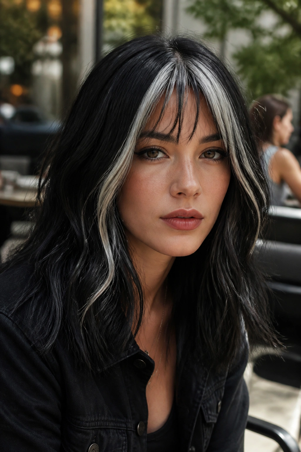 Real person with black hair and white streaks for a bold contrast.