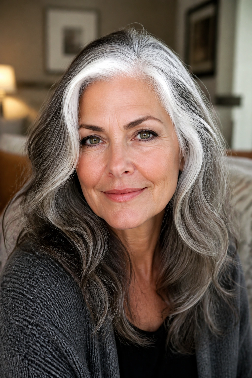 Close-up of a real woman with bold white streaks at the temples