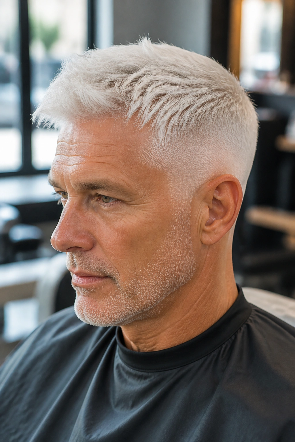 Close-up portrait of a real person with a white taper fade in sunlit salon