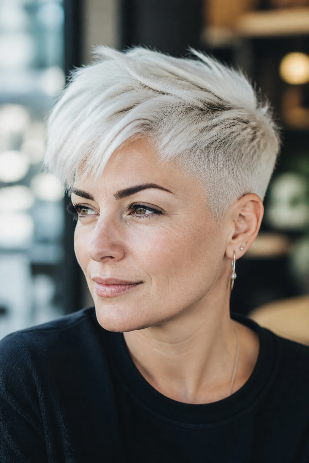 Close-up portrait of a real person with an undercut pixie hairstyle