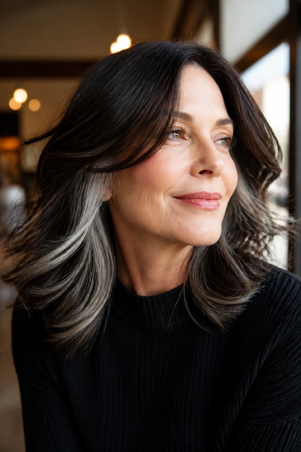 Close-up of a real woman showing white underlights in dark hair