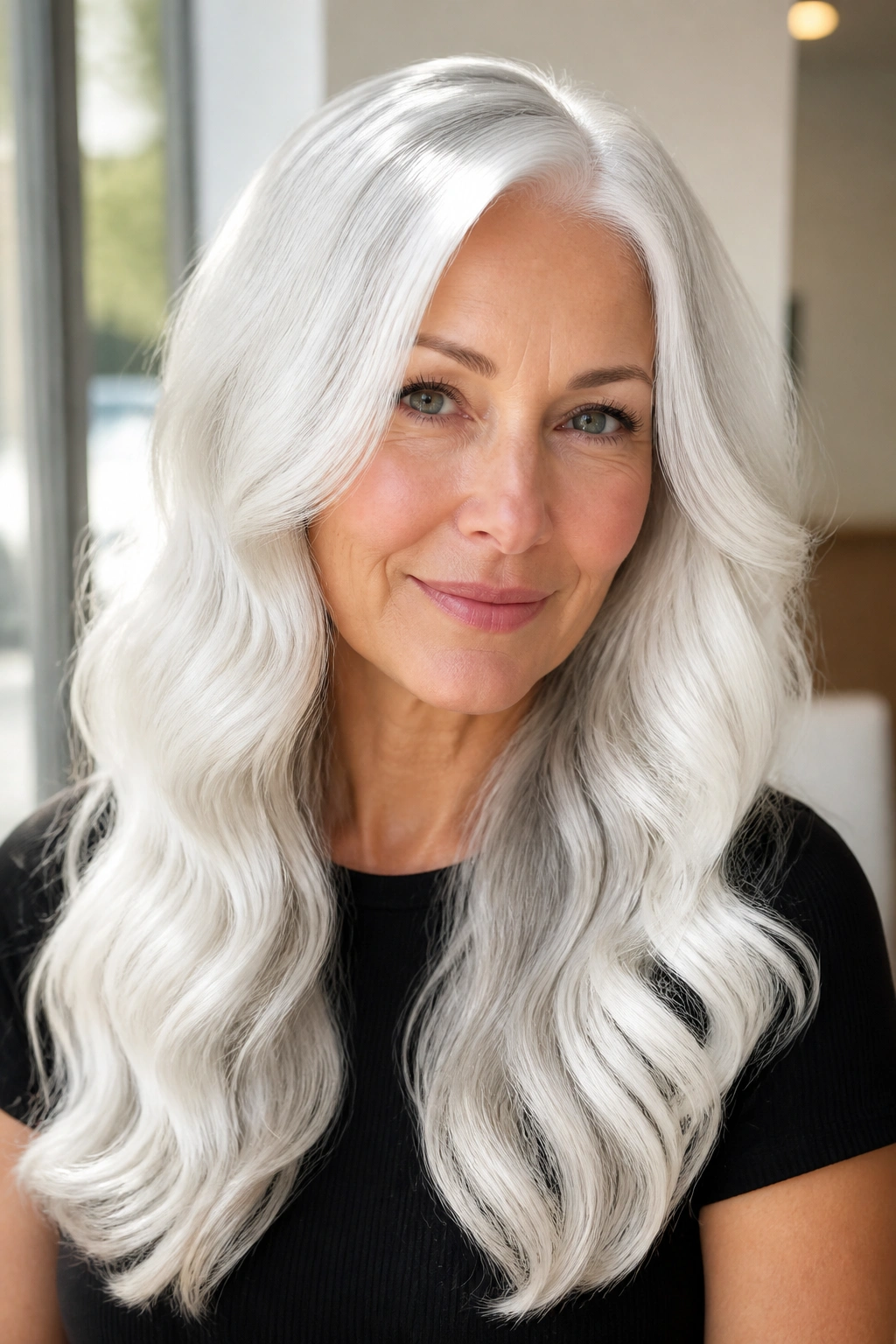 Close-up of a real woman with glossy white waves and a glass finish