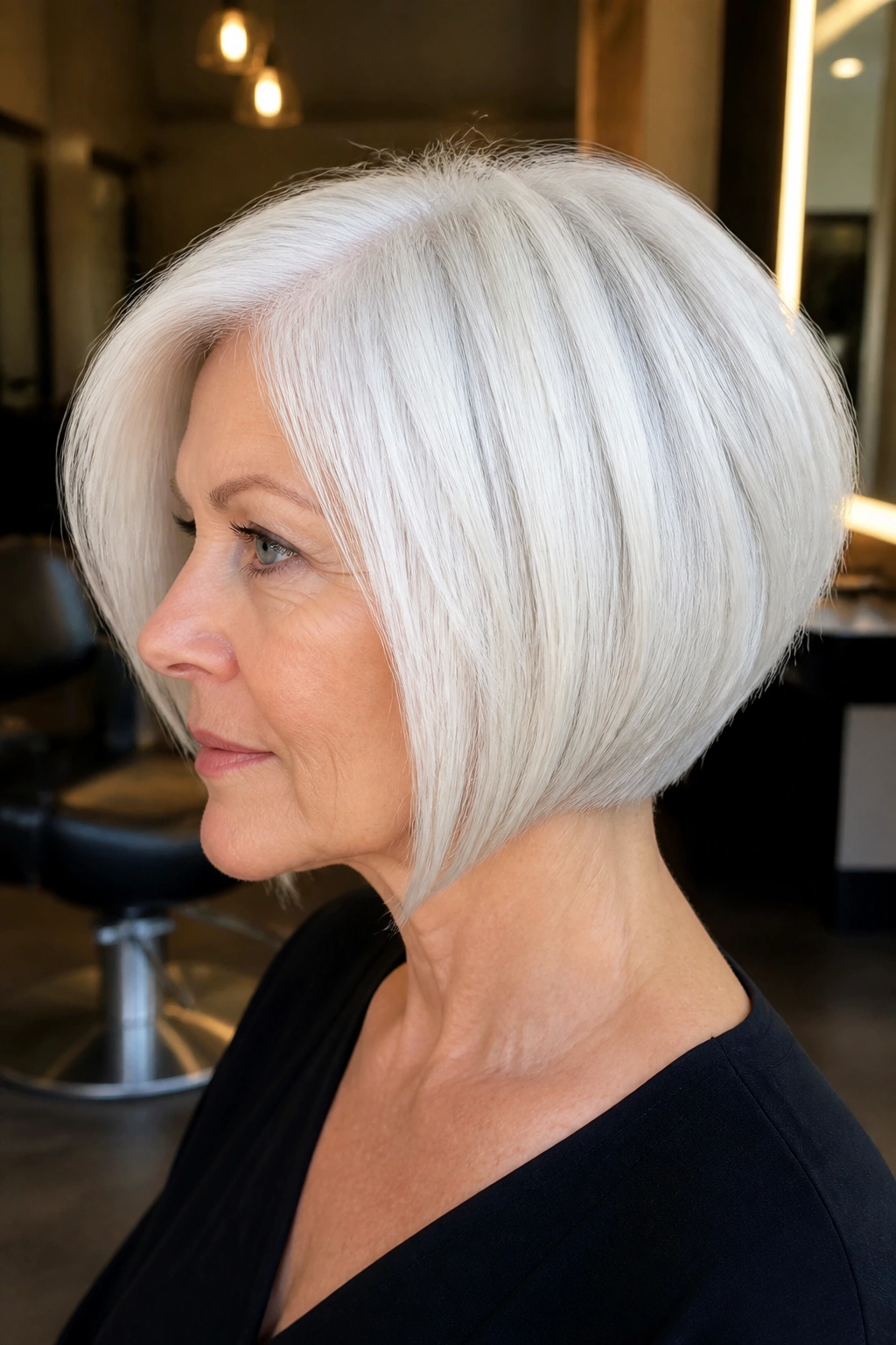 Close-up portrait of a real person with a white wedge bob hairstyle