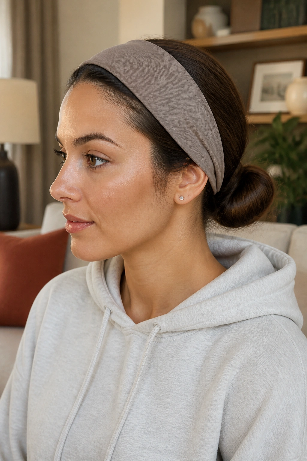 Close-up portrait of a real person wearing a wide headband and low bun.
