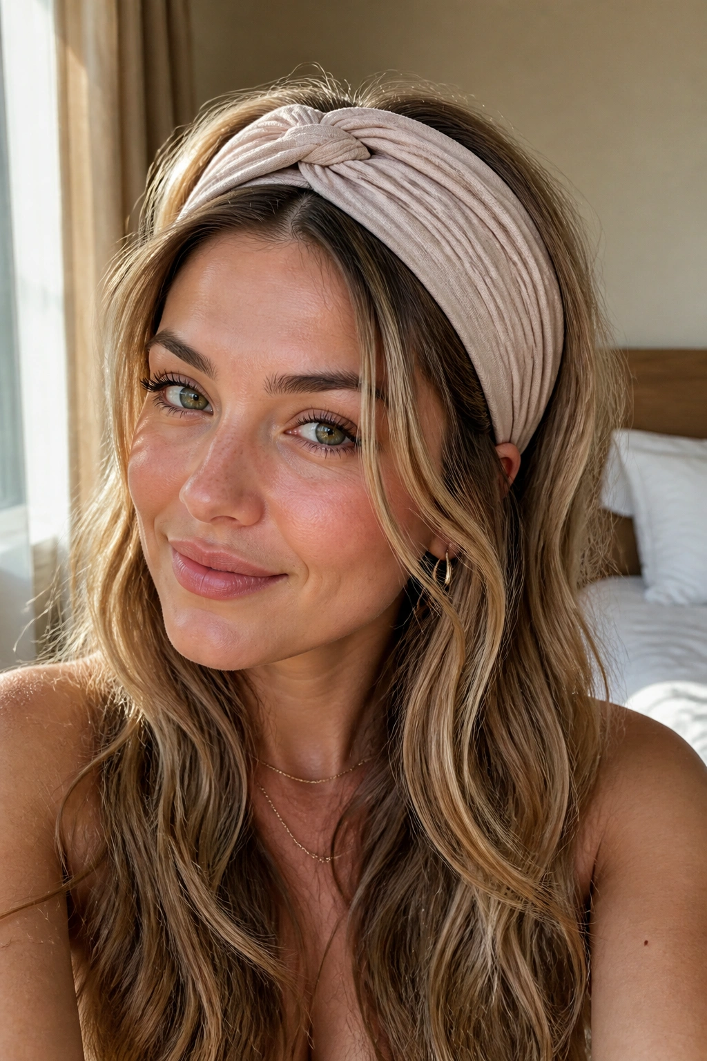 Close-up portrait of a real person wearing a wide textured headband in warm bedroom light