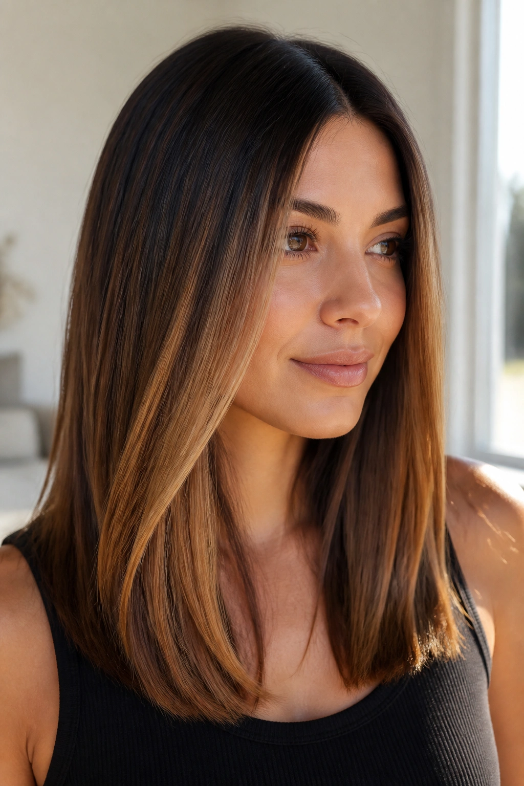 Brunette with wide caramel panels mid-length hair visible through the lengths