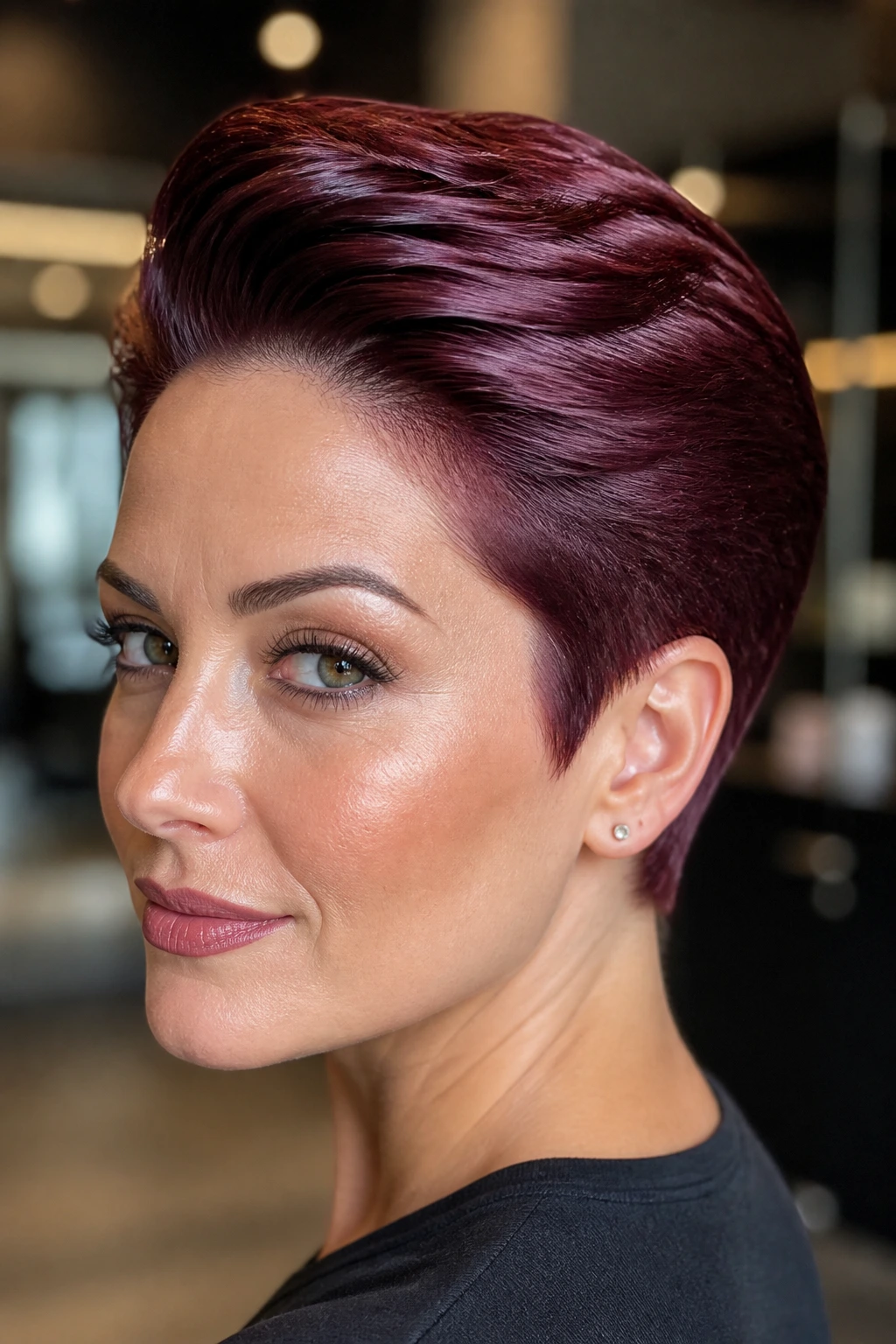 Portrait of a woman with a wine-red slick pixie in glossy finish