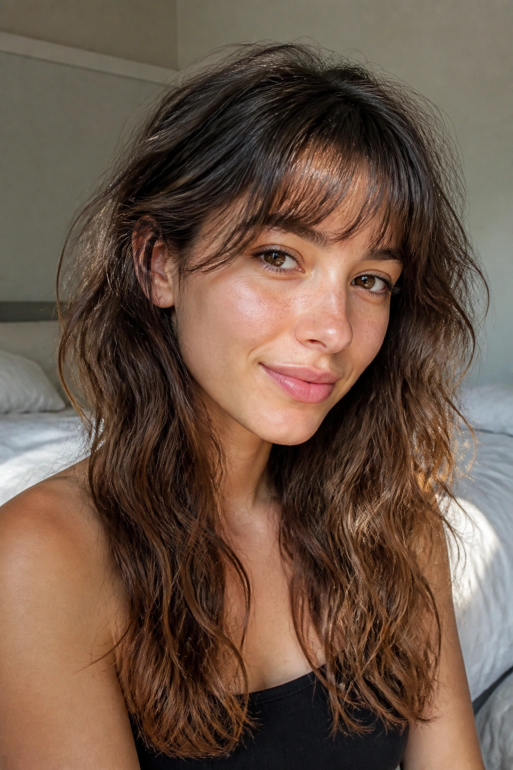 Real woman with wispy air bangs and disconnected crown layers on wavy hair