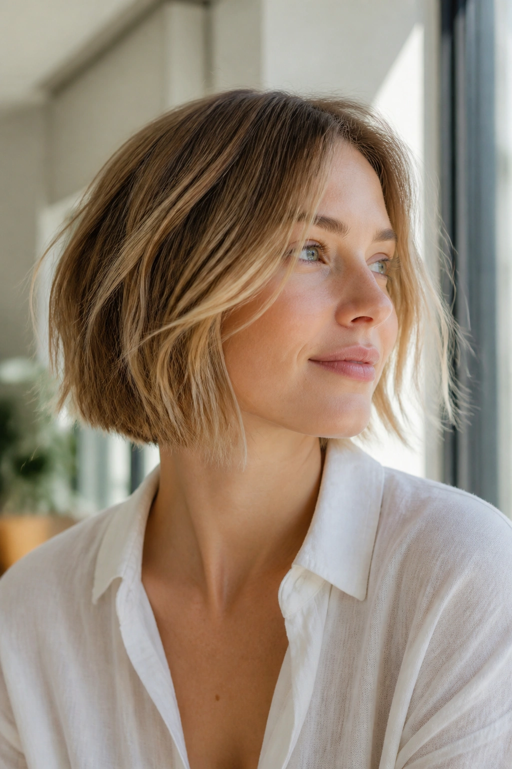 Close-up of a woman with a wispy airy-ended bob in warm sunlight