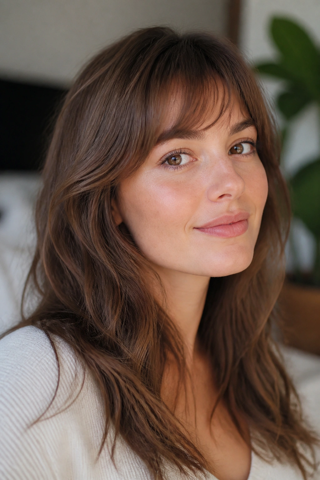 Portrait of a real woman with wispy arch bangs following the brow in soft light.