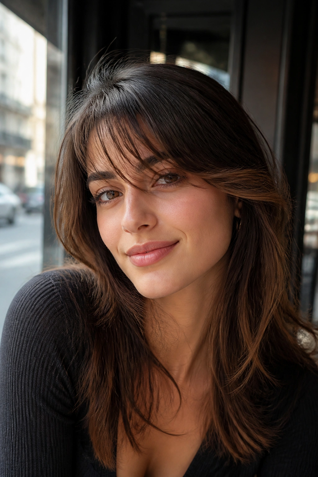Close-up portrait of a real woman with wispy side bangs and airy edge.