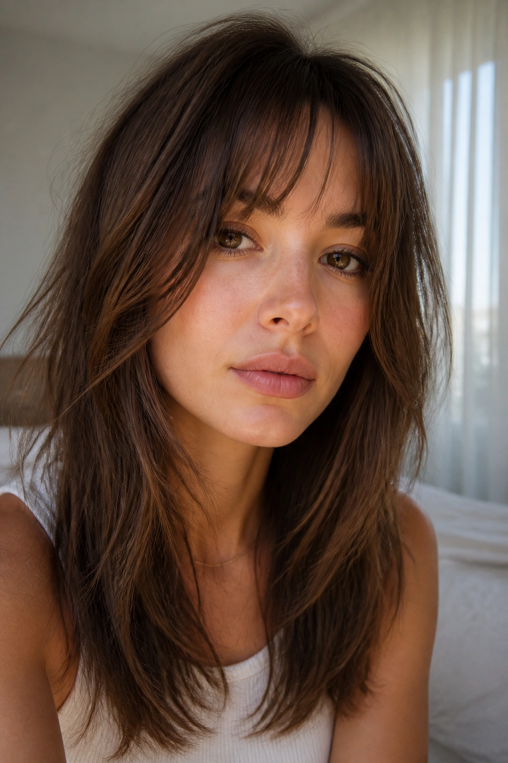 Close-up portrait of a real woman with wispy bangs and airy face-framing layers