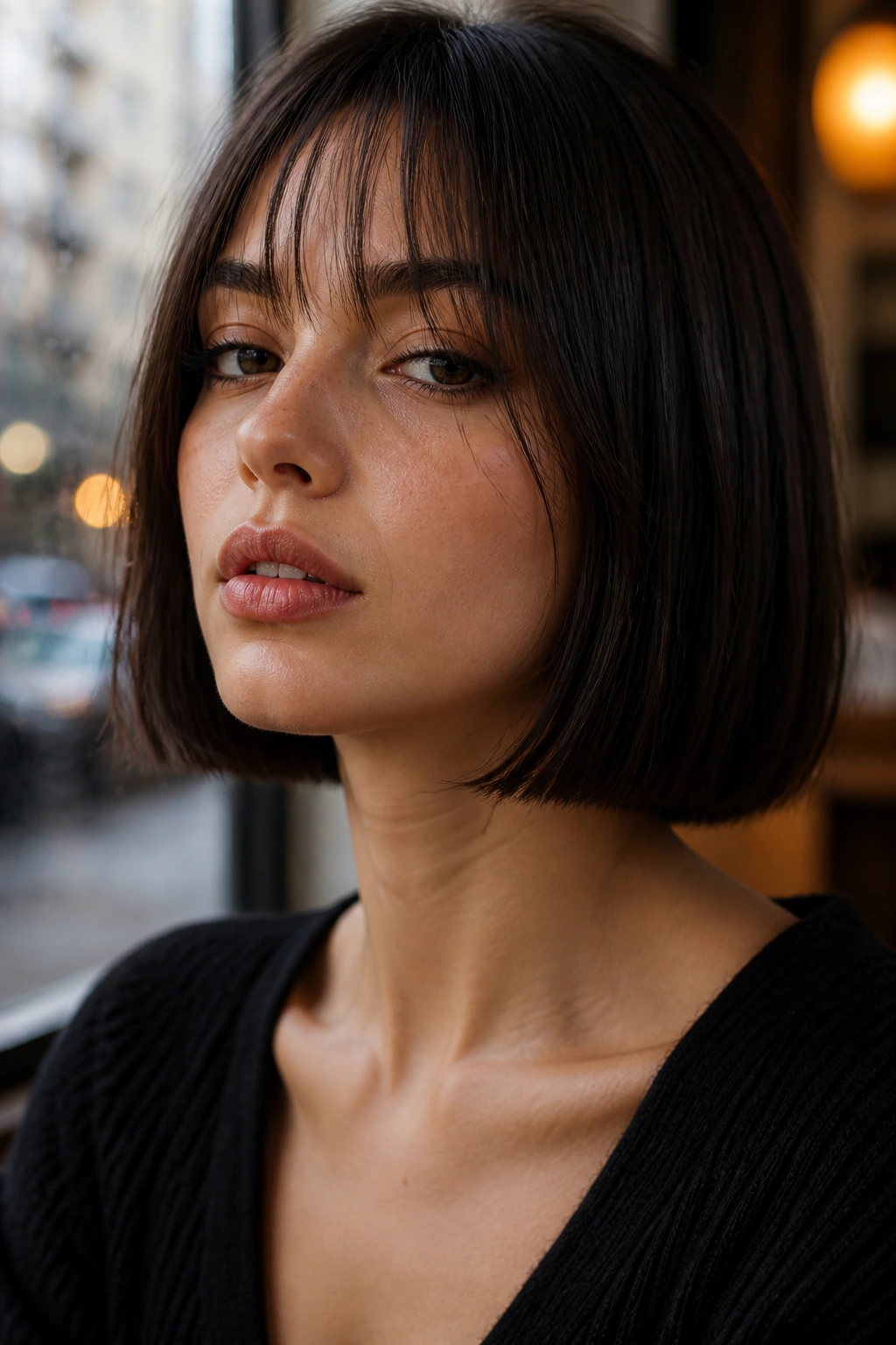 Close-up of a real woman with a blunt bob and wispy bangs under daylight in an urban cafe