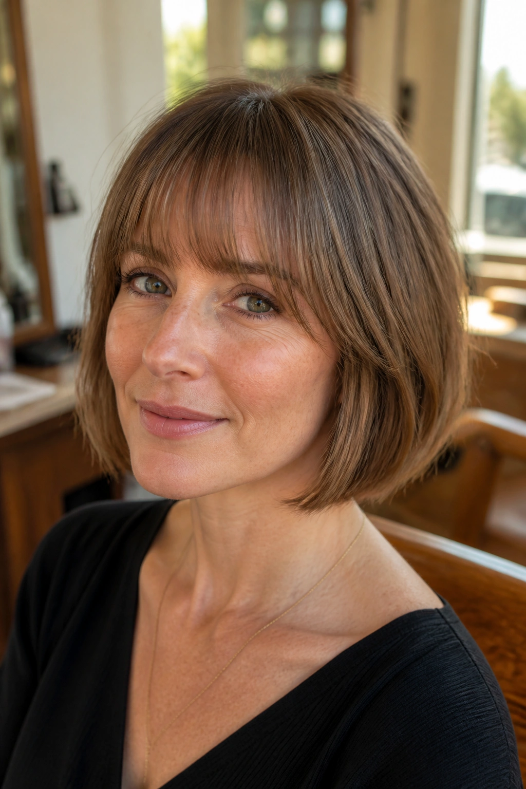 Close-up of a real woman with wispy bangs blending into a chin-length bob in warm salon light