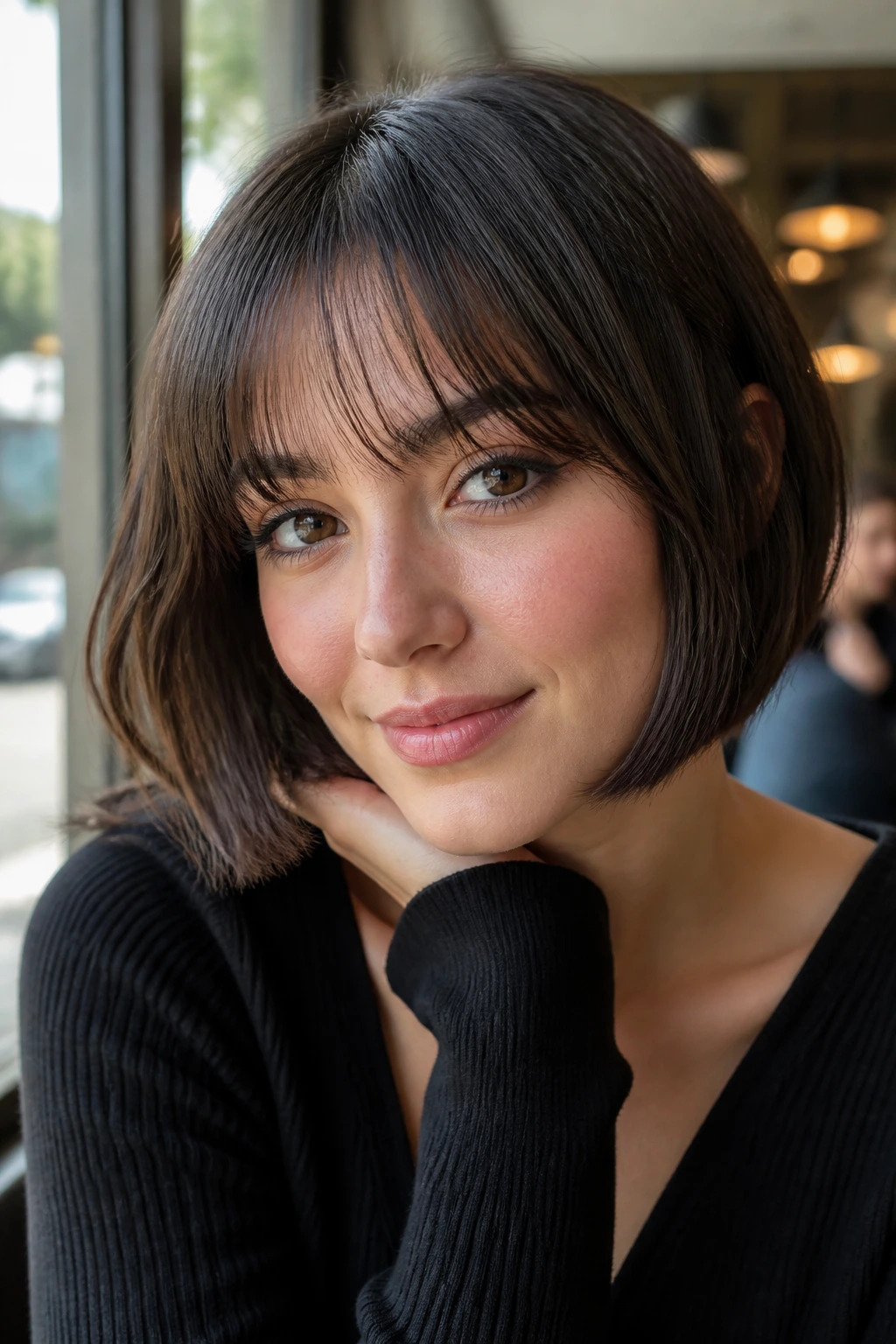 Close-up of a person with wispy bangs bob in daylight at a cafe