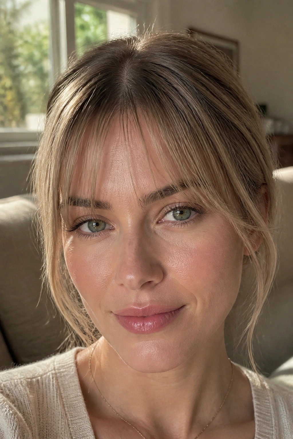 Close-up of wispy bangs with a center part on a real person, natural daylight.